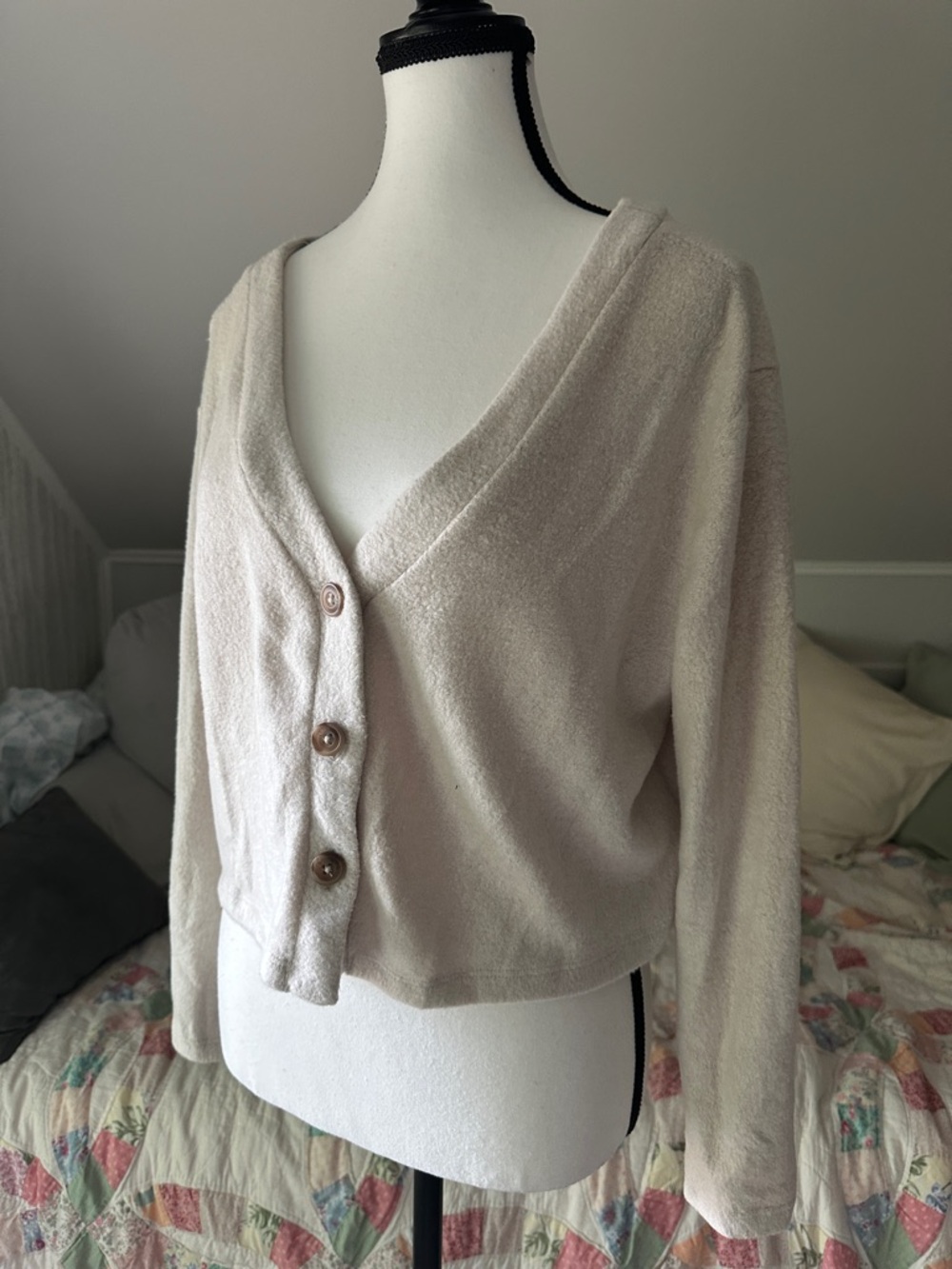 Forever 21 Light Cream Button-Front V-Neck Cardigan